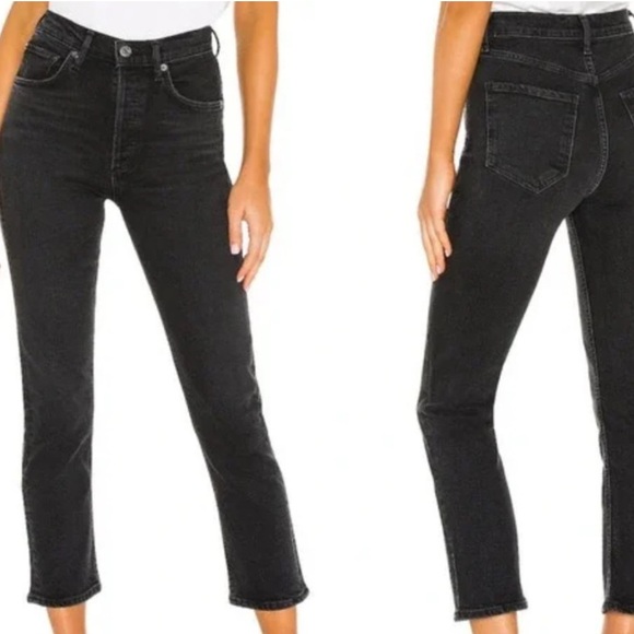 AGOLDE RILEY STRAIGHT LEG CROPPED HIGH RISE RAW HEM BLACK JEANS 26 - Picture 1 of 16